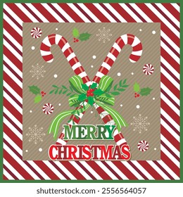 Christmas card design with candy cane, wreath and ribbon