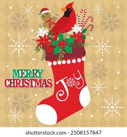 Christmas card design with cardinal bird, wreath and gingerbread man on the stocking