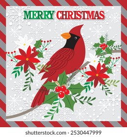 Christmas card design with cardinal bird and wreath flowers