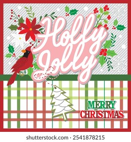 Christmas card design with cardinal bird and holly jolly