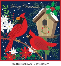 Christmas card design with cardinal birds, birdhouse and wreath