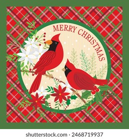 Christmas card design with cardinal birds and wreath flowers