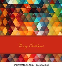 Christmas card design with colorful triangles and snow. Holiday background