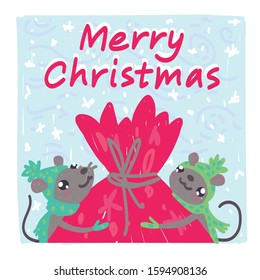 Christmas card design. Colorful vector illustration of two cute mice hugging bag full of gifts in hand drawn sketch style isolated on white background. Merry Christmas. Xmas greeting.