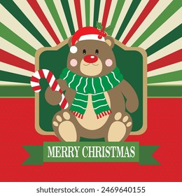 Christmas card design with cute bear and candy cane