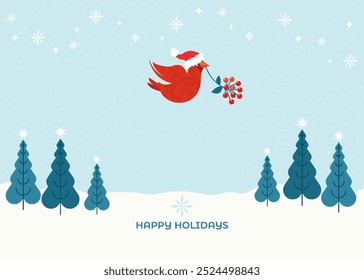 Christmas card design with cute cardinal bird. All in group and separate layers. Vector.