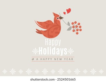 Christmas card design with cute cardinal bird. All in group and separate layers. Vector.