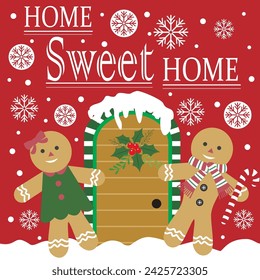 Christmas card design with cute gingerbread man and home sweet home