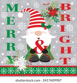 Christmas card design with cute gnome, wreath and text of merry and bright