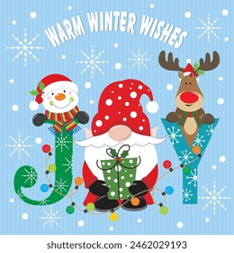 Christmas card design with cute gnome, reindeer and snowman