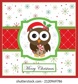 Christmas card design with cute owl and snowflakes