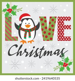 Christmas card design with cute penguin and love text