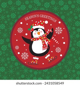 Christmas card design with cute penguin and snowflakes