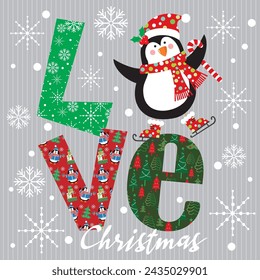 Christmas card design with cute penguin and love letter