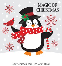 Christmas card design with cute penguin, candy cane and cardinal bird