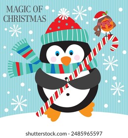 Christmas card design with cute penguin, candy cane and robin bird