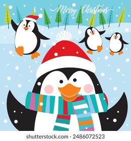 Christmas card design with cute penguin