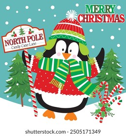 Christmas card design with cute penguin and candy cane