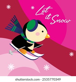 Christmas card design with cute penguin moon snowflakes winter wishes holidays greetings let it snow cute Christmas design vector illustration Christmas Evening Card kids Holidays design Cute Penguin 