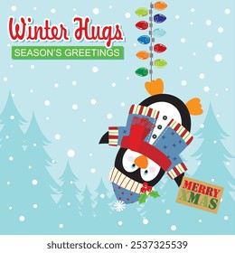 Christmas card design with cute penguin and lights