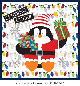 Christmas card design with cute penguin, gifts and lights