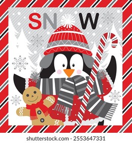 Christmas card design with cute penguin, gingerbread man and candy cane