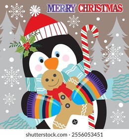 Christmas card design with cute penguin and gingerbread man