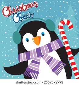 Christmas card design with cute penguin and candy cane