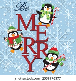 Christmas card design with cute penguin, lettering and snowflakes