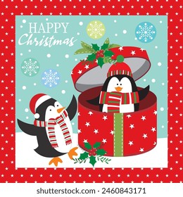 Christmas card design with cute penguins on the gift box