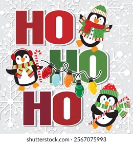 Christmas card design with cute penguins, lights and ho ho ho