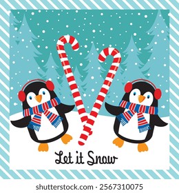 Christmas card design with cute penguins and candy cane