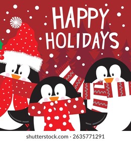 Christmas card design with cute penguins