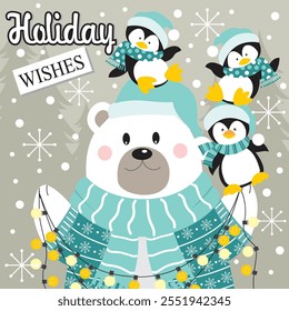 Design de cartão de Natal com urso polar bonito e pinguins