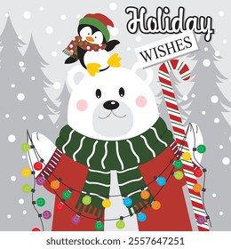 Christmas card design with cute polar bear, penguin and lights