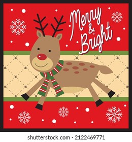 Christmas card design with cute reindeer and snowflakes