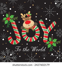 Christmas card design with cute reindeer and joy to the world