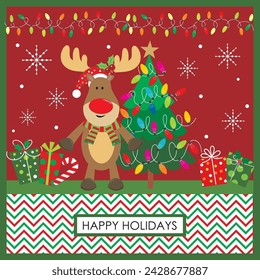 Christmas card design with cute reindeer, gifts ad tree