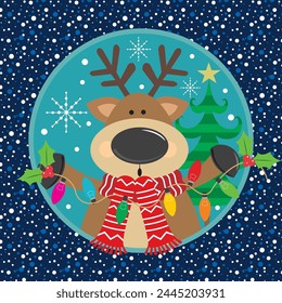 Christmas card design with cute reindeer and lights