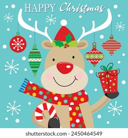 Christmas card design with cute reindeer, balls and gift