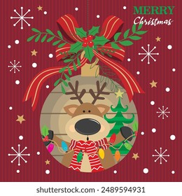 Christmas card design with cute reindeer on hanging bauble