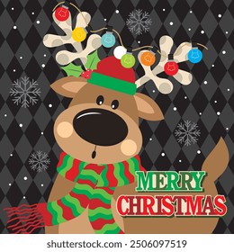 Christmas card design with cute reindeer and lights