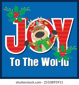 Christmas card design with cute reindeer and joy to the world