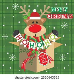 Christmas card design with cute reindeer in gift box
