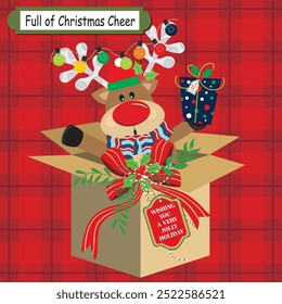 Christmas card design with cute reindeer in gift box