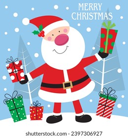 Christmas card design with cute santa and gifts