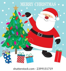 Christmas card design with cute santa and christmas tree