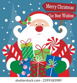 Christmas card design with cute santa and presents