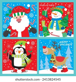 Christmas card design with cute santa, snowman, penguin and reindeer