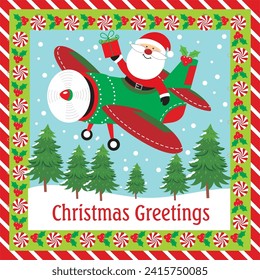 Christmas card design with cute santa on the plane